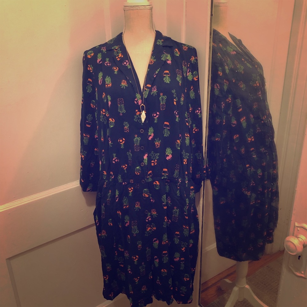 ModCloth 2X Navy Potted Succulent Print Romper